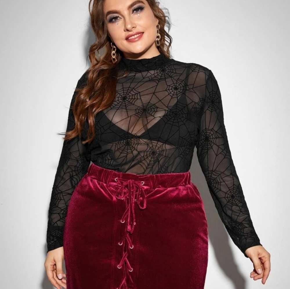 Mock Neck Spiderweb Mesh Top